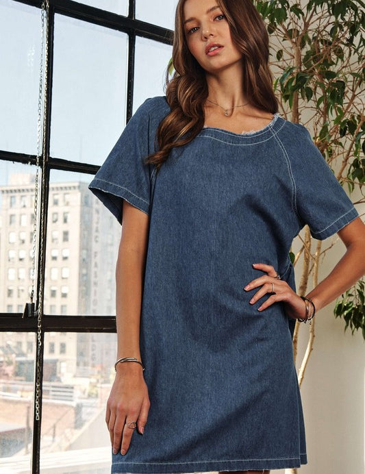 ADORA Raw Hem Mini Denim Dress with Pockets