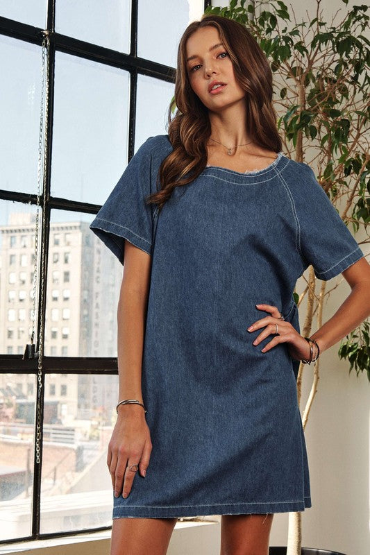 ADORA Raw Hem Mini Denim Dress with Pockets Mini Dresses