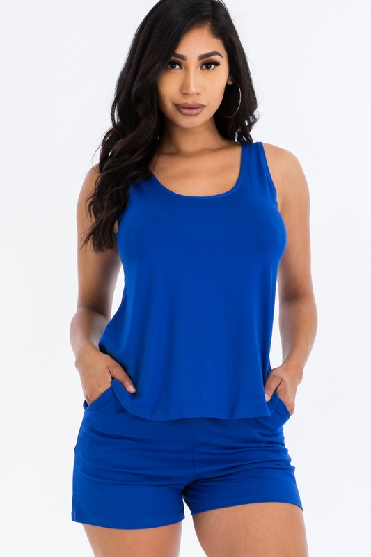 Basic Comfy Tank Top Mini Casual Shorts Set Royal Short Sets