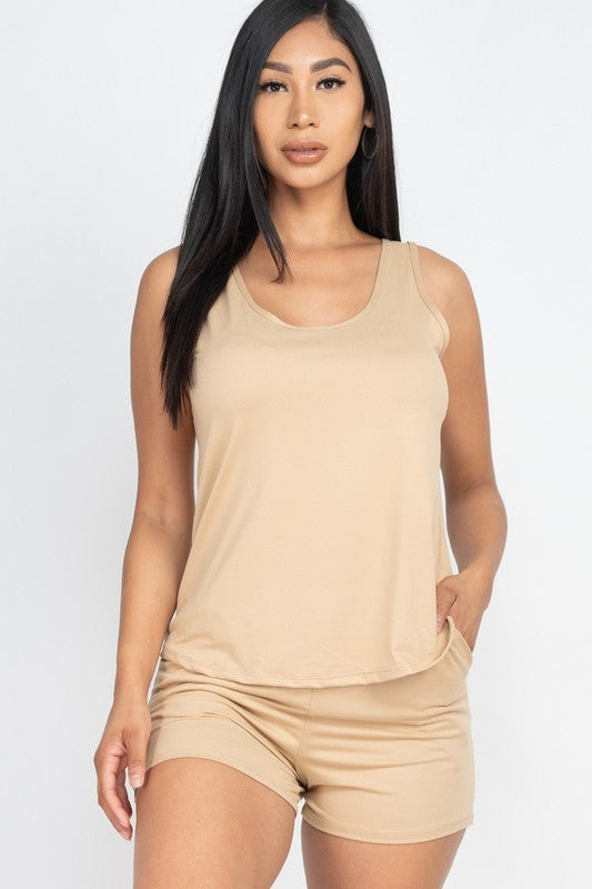 Basic Comfy Tank Top Mini Casual Shorts Set Khaki Short Sets