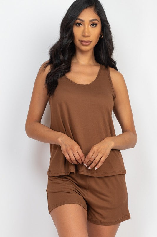 Basic Comfy Tank Top Mini Casual Shorts Set DOWNTOWN BROWN Short Sets