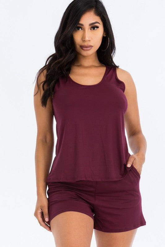 Basic Comfy Tank Top Mini Casual Shorts Set Burgundy Short Sets