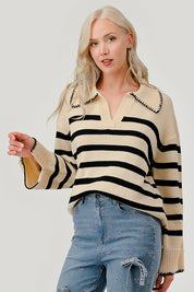 Striped Knit Bell Sleeve Sweater Tops