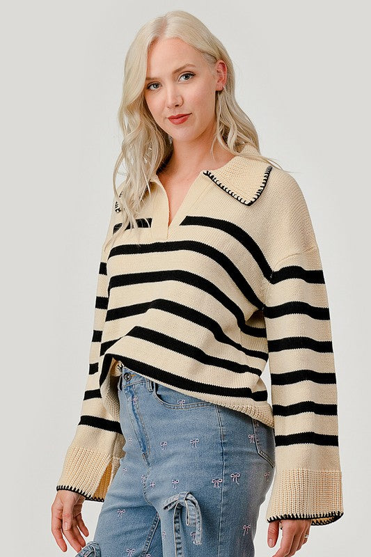 Striped Knit Bell Sleeve Sweater Tops