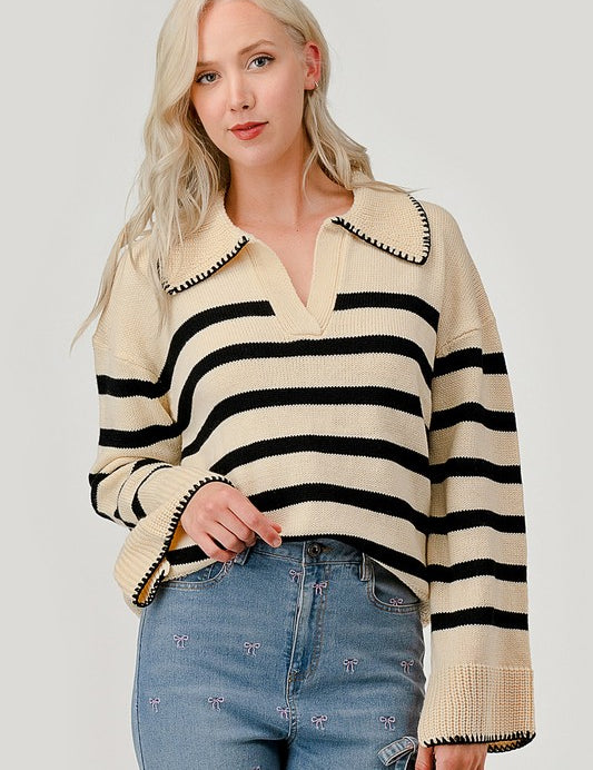 Striped Knit Bell Sleeve Sweater Ivory Black Tops