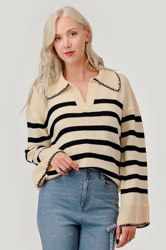 Striped Knit Bell Sleeve Sweater Ivory Black Tops