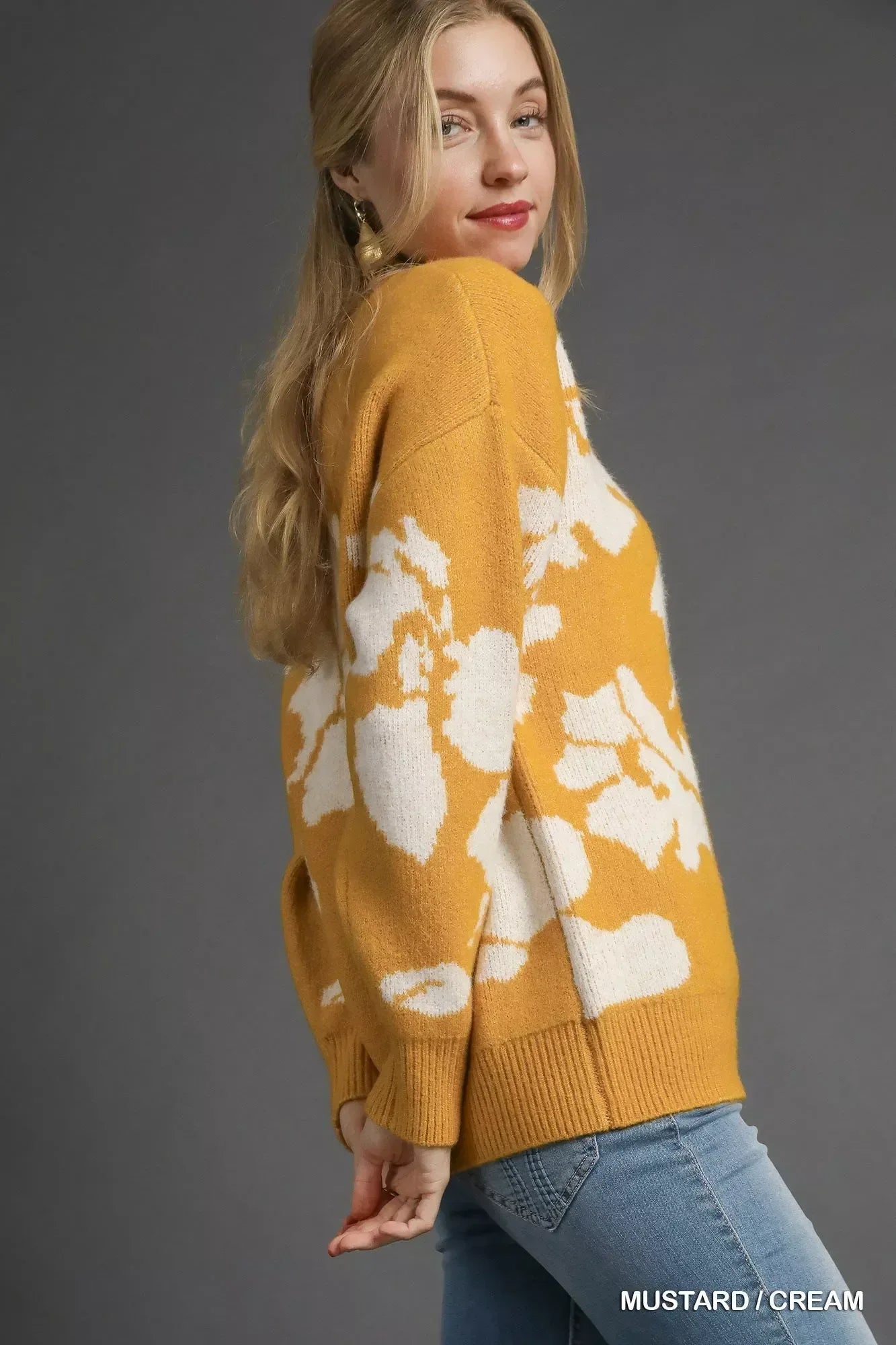 Umgee Floral Long Sleeve Sweater Mustard - DAVERRI FASHIONS