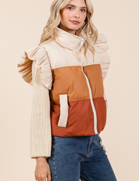 Color Block Ruffle Trim Puffer Vest | Vest Jackets Daverri Fashions