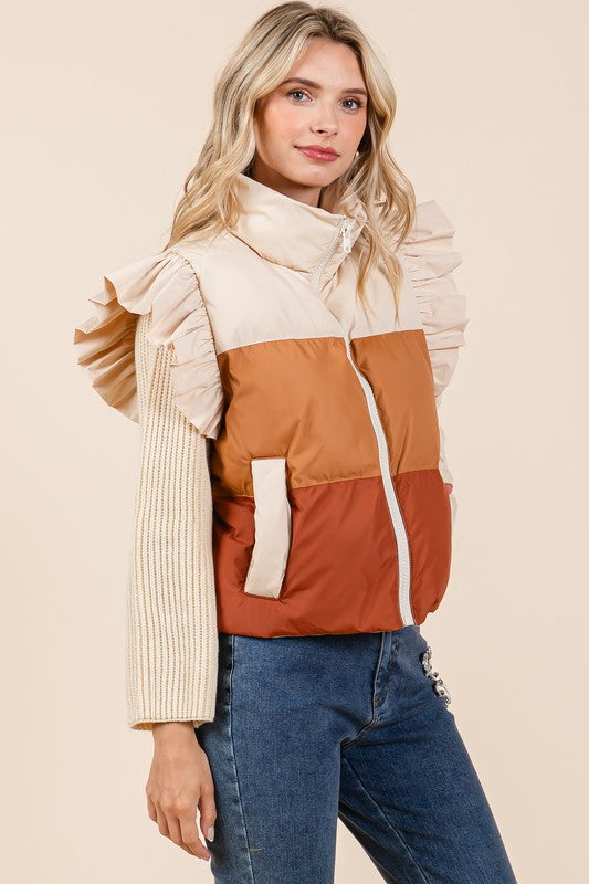 Color Block Ruffle Trim Puffer Vest | Vest Jackets Daverri Fashions