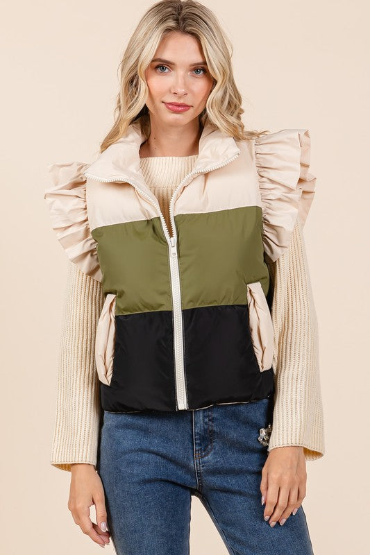 Color Block Ruffle Trim Puffer Vest | Vest Jackets Daverri Fashions