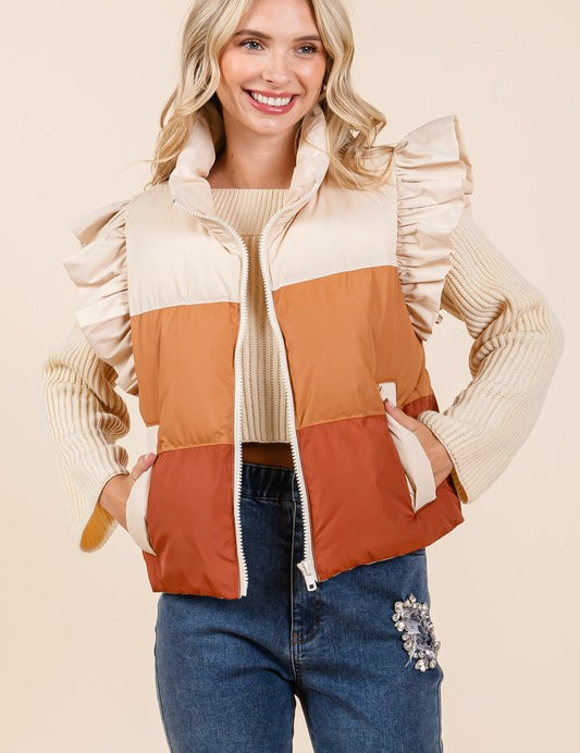 Camel Multi Color Block Ruffle Trim Puffer Vest | Vest Jackets Daverri Fashions