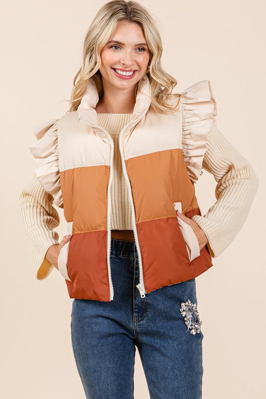 Camel Multi Color Block Ruffle Trim Puffer Vest | Vest Jackets Daverri Fashions