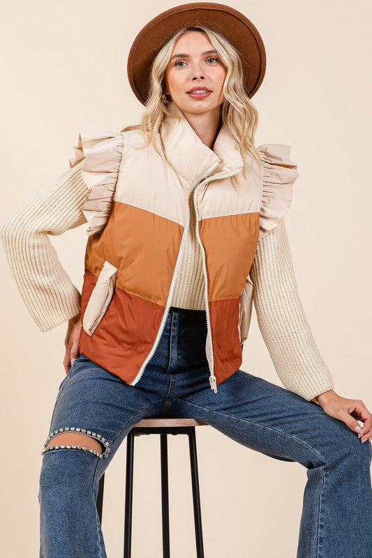 Color Block Ruffle Trim Puffer Vest | Vest Jackets Daverri Fashions