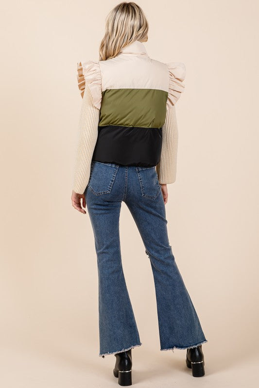 Color Block Ruffle Trim Puffer Vest | Vest Jackets Daverri Fashions