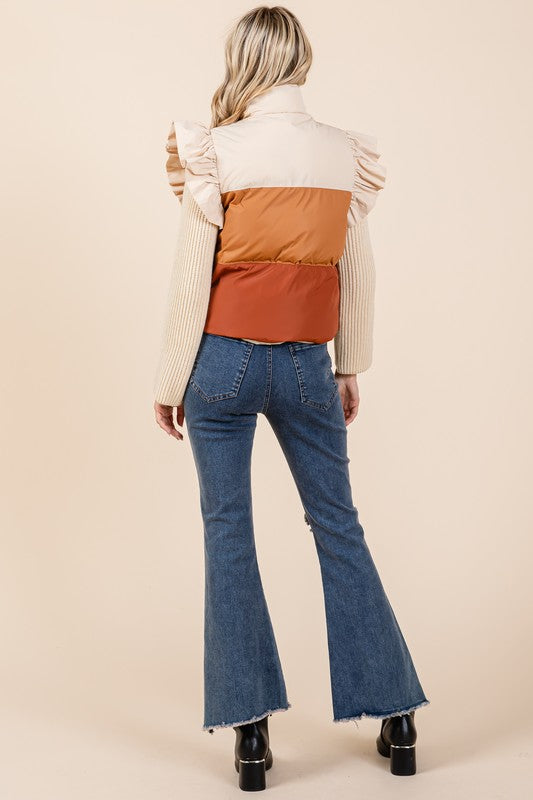 Color Block Ruffle Trim Puffer Vest | Vest Jackets Daverri Fashions