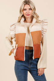 Color Block Ruffle Trim Puffer Vest | Vest Jackets Daverri Fashions