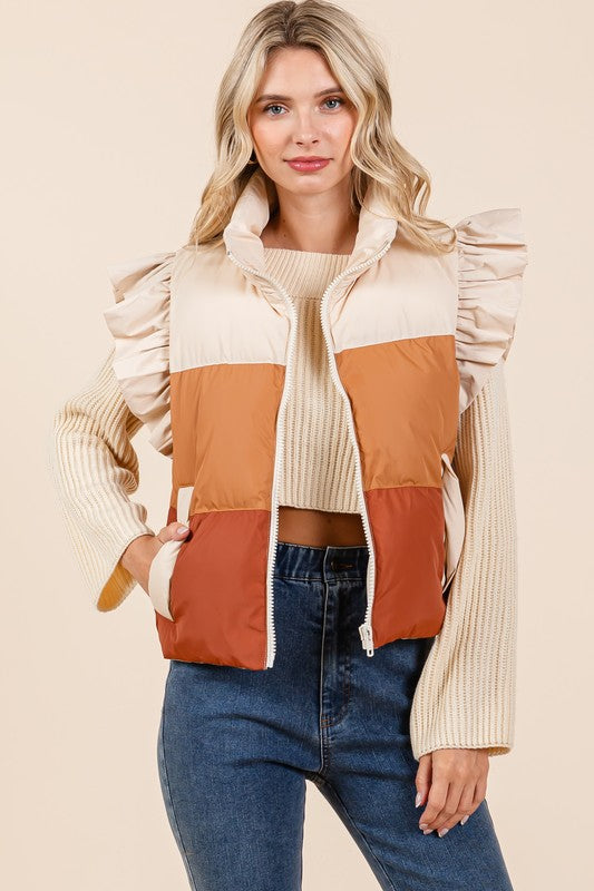 Color Block Ruffle Trim Puffer Vest | Vest Jackets Daverri Fashions