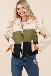 Color Block Ruffle Trim Puffer Vest | Vest Jackets Daverri Fashions