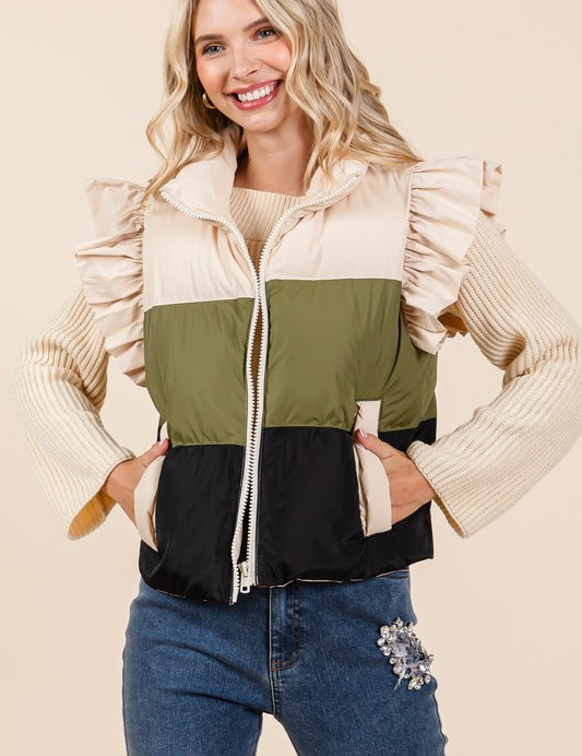 Color Block Ruffle Trim Puffer Vest | Vest Jackets Daverri Fashions
