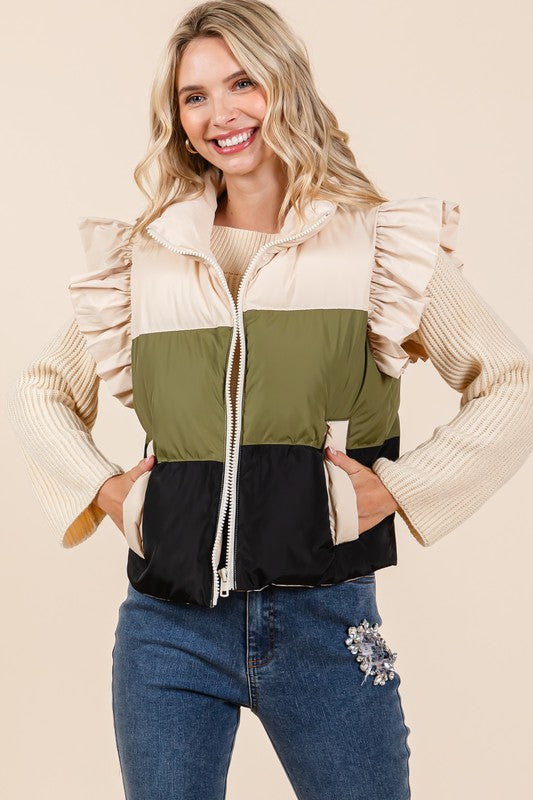 Color Block Ruffle Trim Puffer Vest | Vest Jackets Daverri Fashions