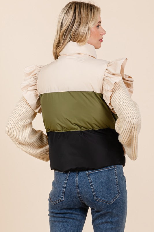 Color Block Ruffle Trim Puffer Vest | Vest Jackets Daverri Fashions