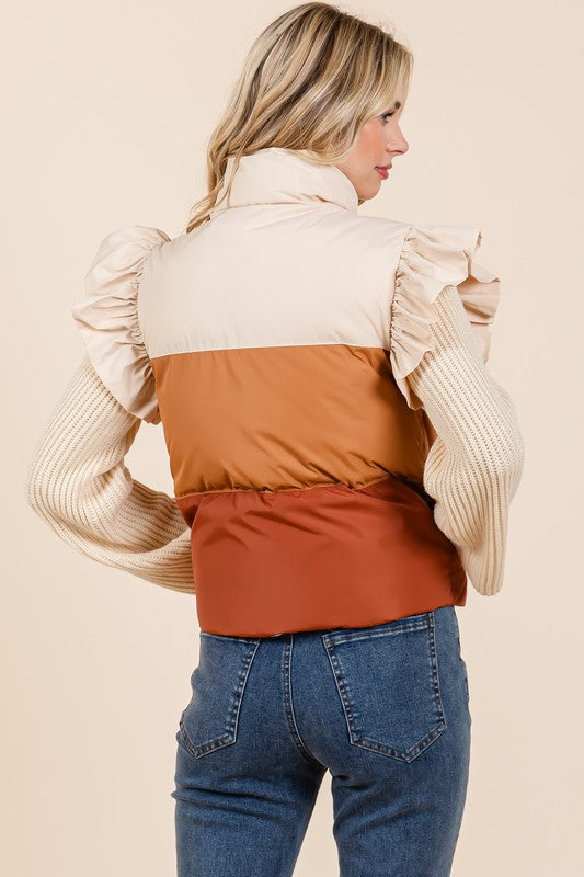 Color Block Ruffle Trim Puffer Vest | Vest Jackets Daverri Fashions