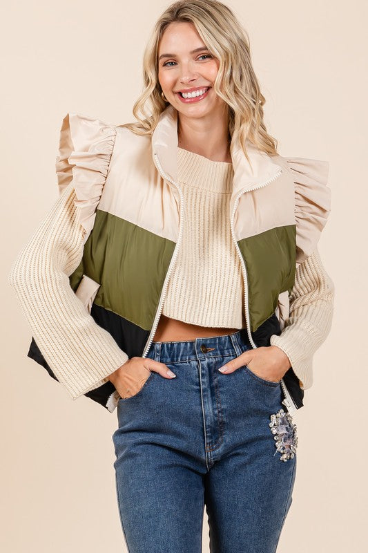 Color Block Ruffle Trim Puffer Vest | Vest Jackets Daverri Fashions