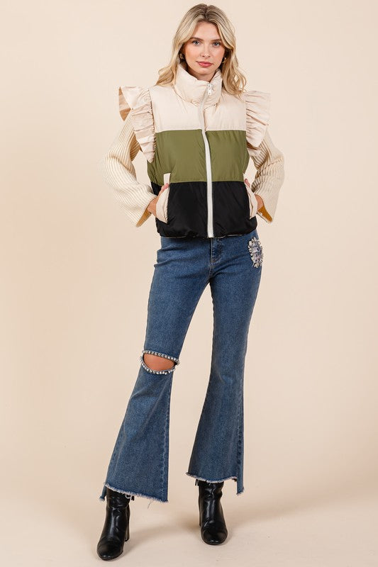 Color Block Ruffle Trim Puffer Vest | Vest Jackets Daverri Fashions