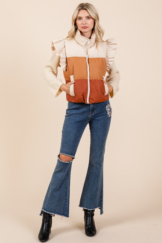Color Block Ruffle Trim Puffer Vest | Vest Jackets Daverri Fashions
