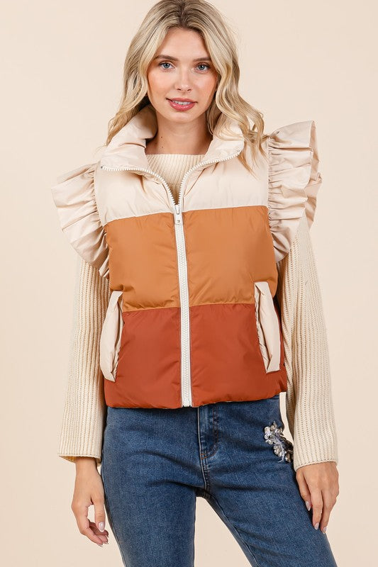 Color Block Ruffle Trim Puffer Vest | Vest Jackets Daverri Fashions