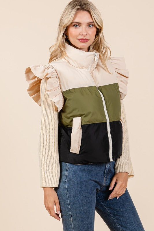 Color Block Ruffle Trim Puffer Vest | Vest Jackets Daverri Fashions