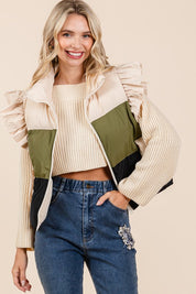 Olive Multi Color Block Ruffle Trim Puffer Vest | Vest Jackets Daverri Fashions
