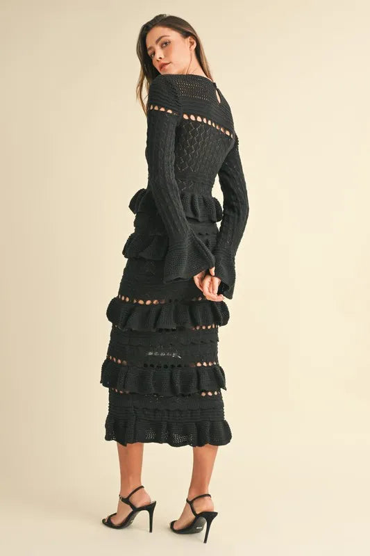 MABLE Long Sleeve Tiered Ruffle Knit Midi Dress