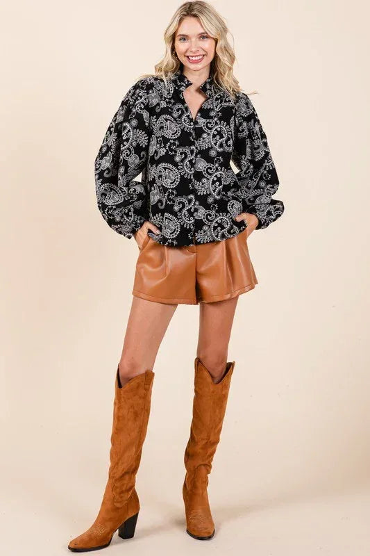 Paisley Eyelet Laced Button-Up Blouse - DAVERRI FASHIONS