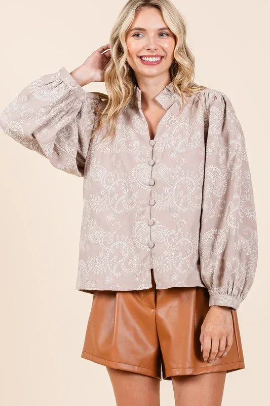 Paisley Eyelet Laced Button-Up Blouse - DAVERRI FASHIONS