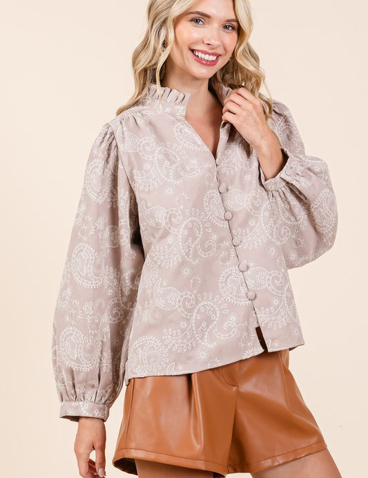 Paisley Eyelet Laced Button-Up Blouse | Blouses Daverri Fashions