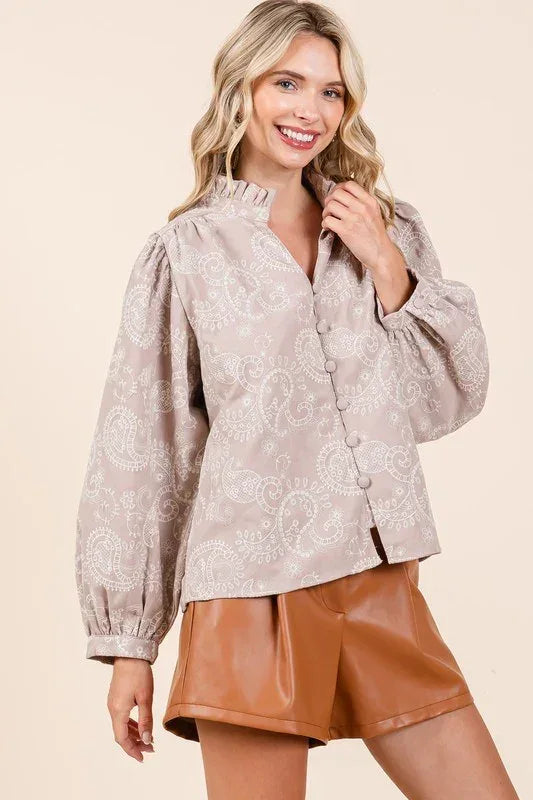 Paisley Eyelet Laced Button-Up Blouse - DAVERRI FASHIONS