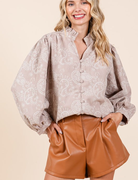 Taupe Paisley Eyelet Laced Button-Up Blouse | Blouses Daverri Fashions