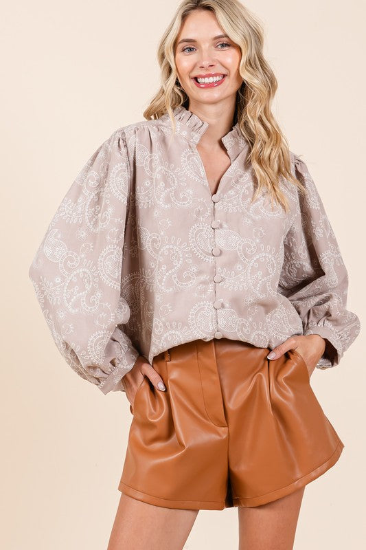 Paisley Eyelet Laced Button-Up Blouse Taupe Blouses