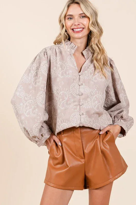 Paisley Eyelet Laced Button-Up Blouse - DAVERRI FASHIONS