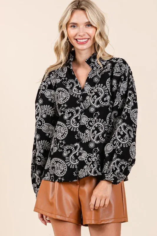 Paisley Eyelet Laced Button-Up Blouse - DAVERRI FASHIONS