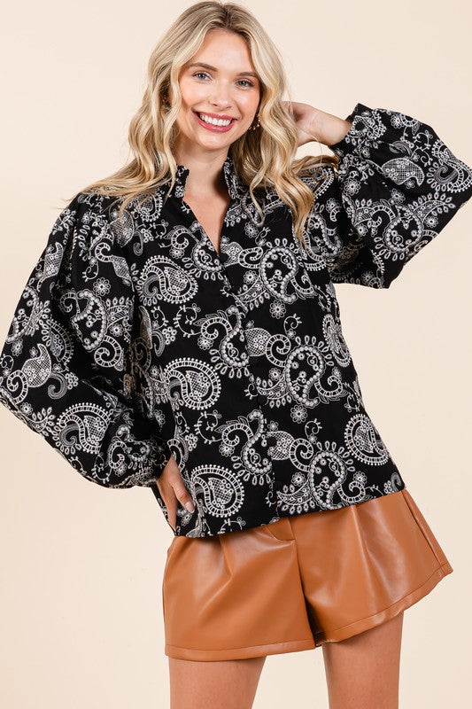 Paisley Eyelet Laced Button-Up Blouse Blouses