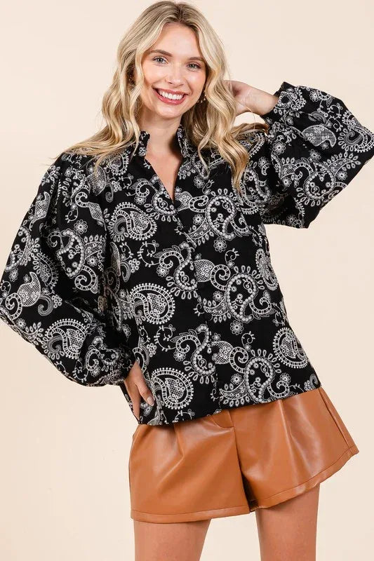 Paisley Eyelet Laced Button-Up Blouse - DAVERRI FASHIONS
