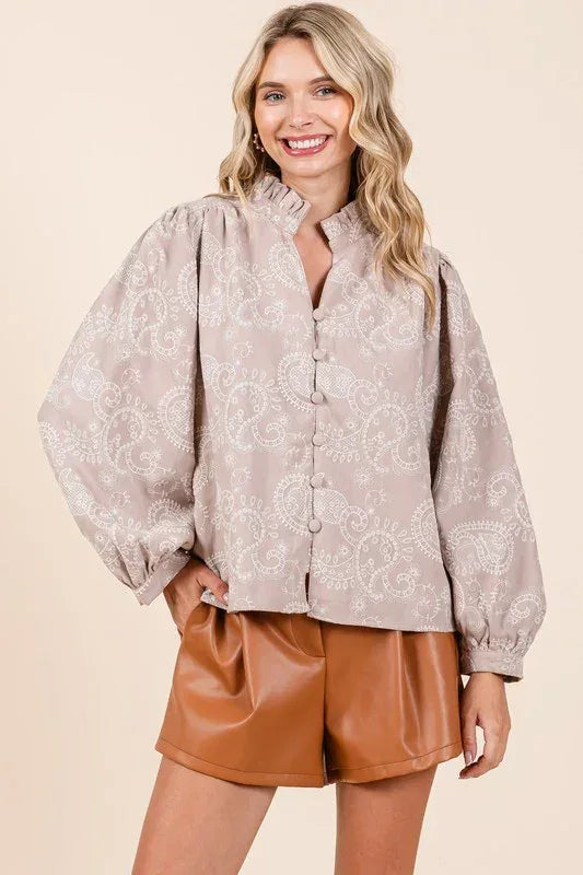 Paisley Eyelet Laced Button-Up Blouse - DAVERRI FASHIONS