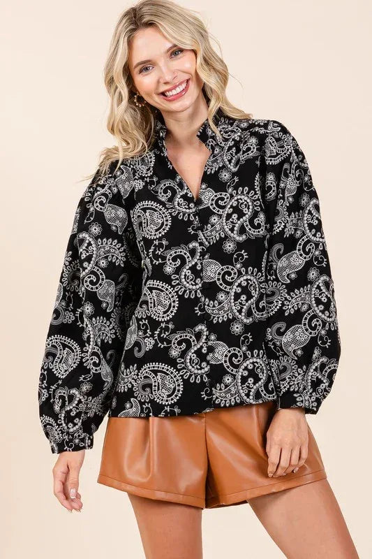 Paisley Eyelet Laced Button-Up Blouse - DAVERRI FASHIONS