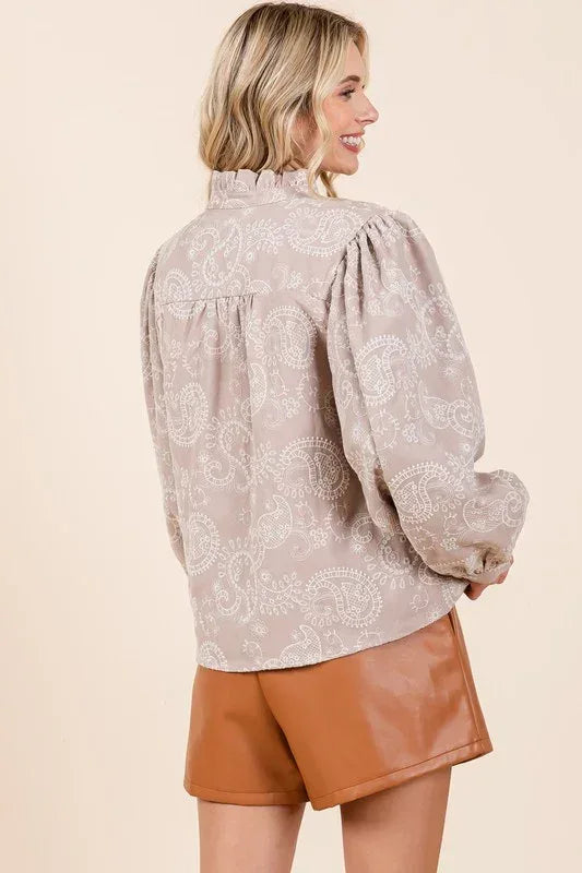 Paisley Eyelet Laced Button-Up Blouse - DAVERRI FASHIONS