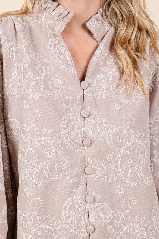 Paisley Eyelet Laced Button-Up Blouse - DAVERRI FASHIONS