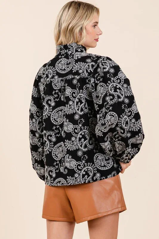 Paisley Eyelet Laced Button-Up Blouse - DAVERRI FASHIONS