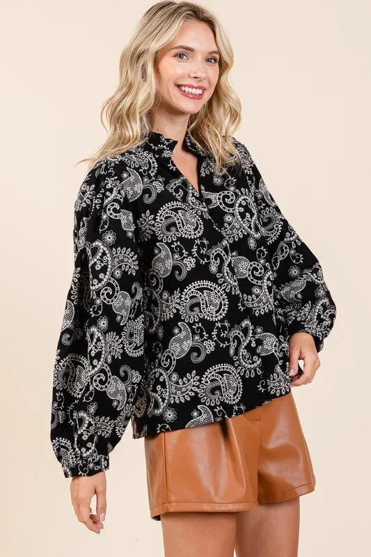 Paisley Eyelet Laced Button-Up Blouse - DAVERRI FASHIONS