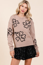 Plus Size Floral Embroidered Lightweigt Knit Sweater Mocha Tops